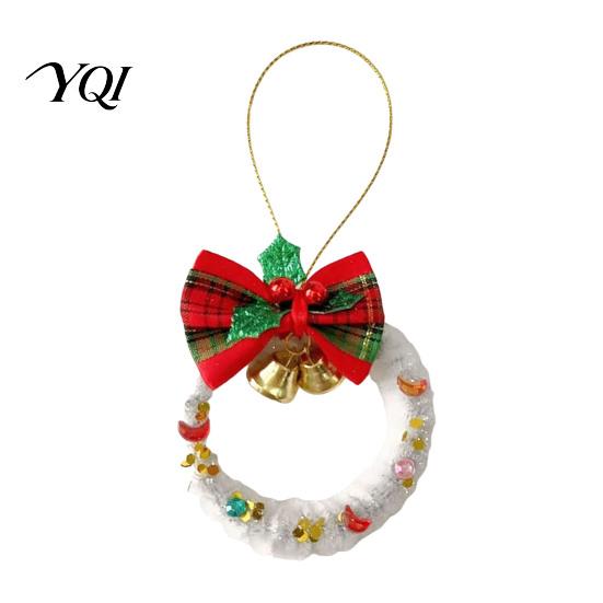Christmas Atmosphere Decorations Mini Wreath Ornament, Hanging Decoration with Plaid Bow And Festive Door Ornaments Metal Bells, Handmade Plush