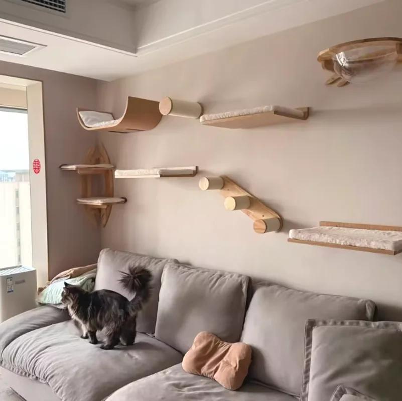 Cat Sky Park Wall-mounted Cat Tree Cat Jumping Platform Includes Sisal Scratching Board Suspension Bridge Soft Bed with Step