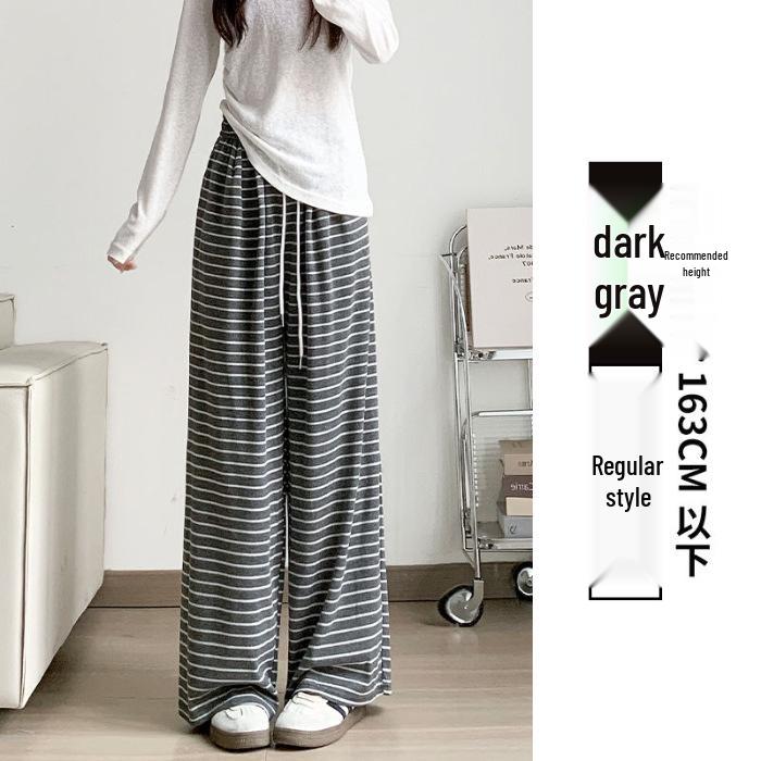 Autumn 2024 Women's Striped Wide-Leg Tie-Waist Pants - Casual, Floor-Length Trousers