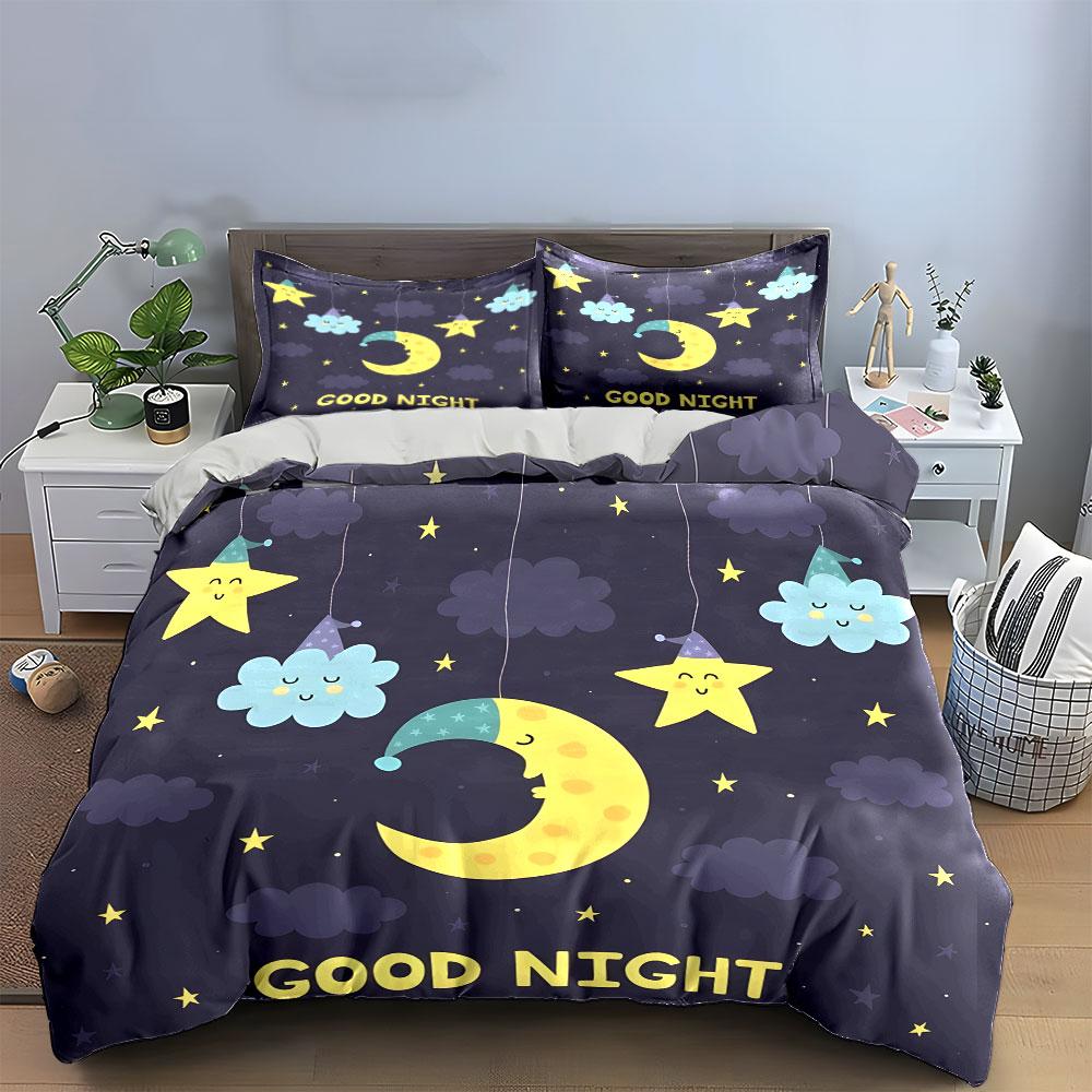 Cartoon Moon and Stars Set Bedding Duvet Cover Set Duvet Cover Pillowcases (1 * Duvet Cover 2 * Pillowcases, Without Duvet Insert)