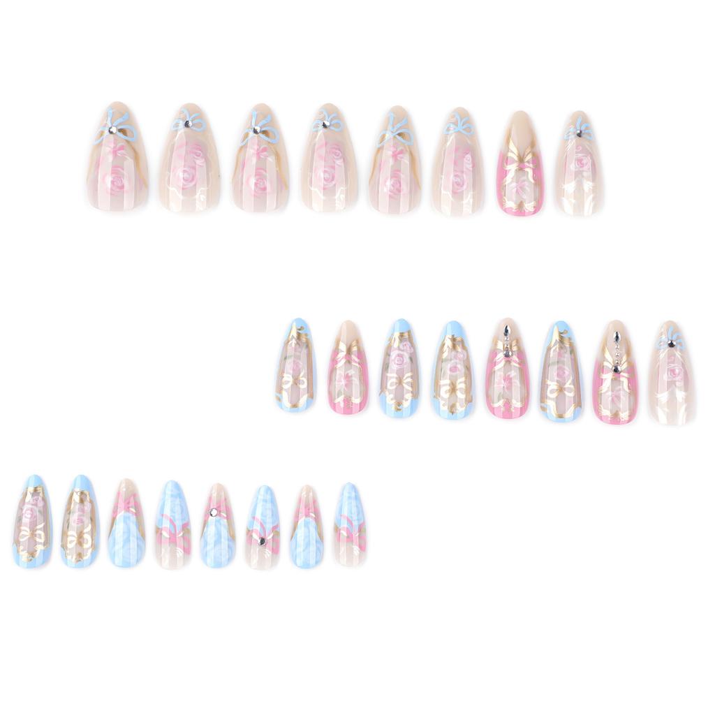 Artistic French Blue Waveing Fake Nail Almond Shapeds ABS Material Comfortable Wear No Tools Required