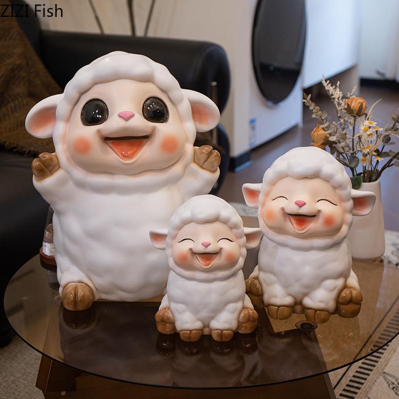 Cute Little Lamb Child Savings Jar Creative Piggy Bank Desk Decoration Ornaments Animal Resin Sculpture Room Aesthetic Decor