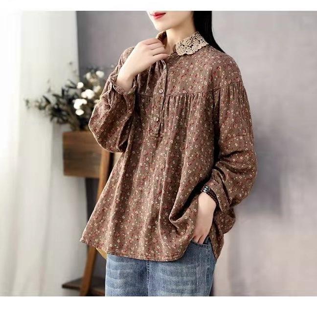 Women's Long Sleeve Blouse Polo Collar Vintage Floral Print Loose Fit Casual Shirt Top