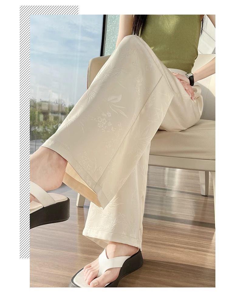 New Chinese Style Women's High-Waist Wide-Leg Pants for Summer - Ice Silk Feel, Floor-Length, Casual Drape.