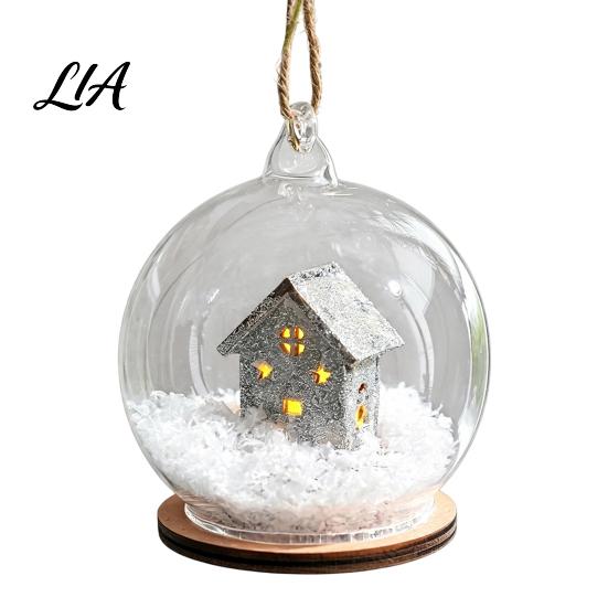 Lighted Christmas Tabletop Decor Glass Ball Ornament, LED Winter Snow Scene Wonderland Props Hanging Bauble with Reindeer Cabin for Tree Decorations