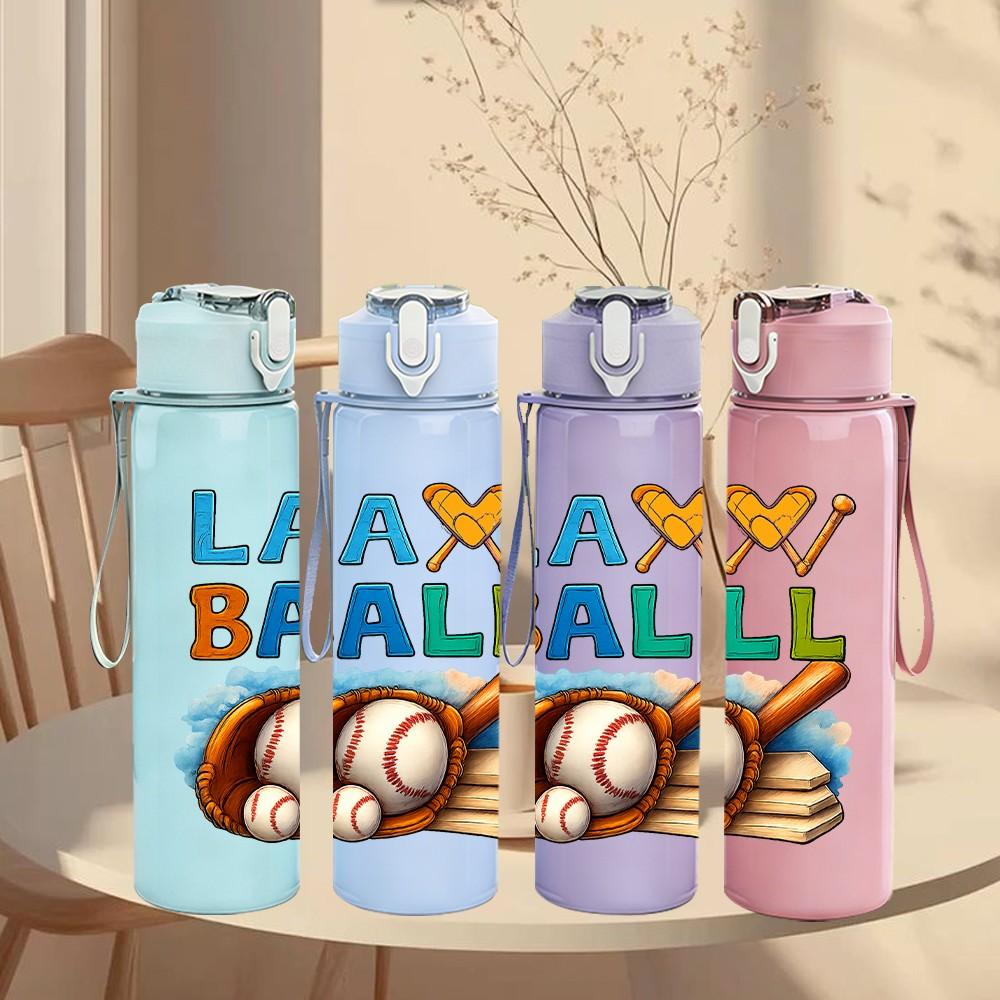 1PC Lax Ball Baseball Letter Art 750ml Color Plastic Sports Water Bottle Leakproof Flip Straw Lid Suitable for Sports Office Home Use