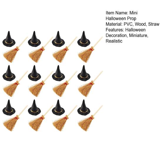 24 Pcs/Set Mini Witch Hat with Mini Broom Miniature Straw Brooms Plastic Witch Hat Set for Halloween Party Decoration