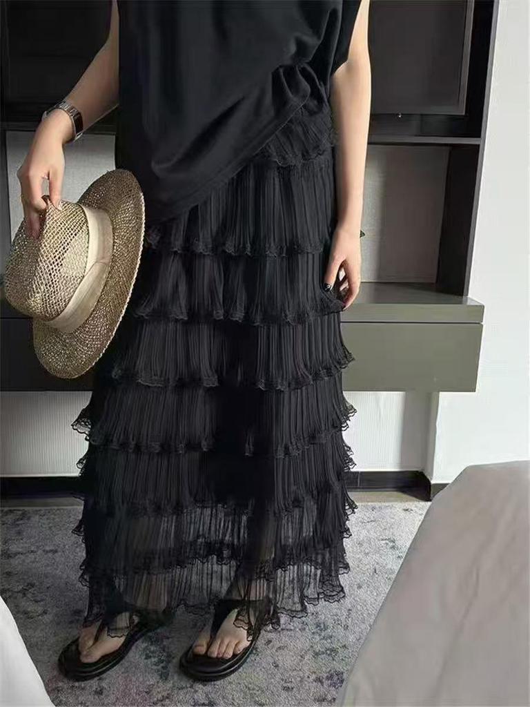 Spring 2026 Korean Lace Pleated Gauze A-line Skirt – White