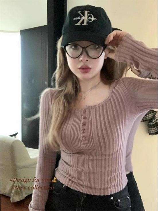 Women's Korean Style Slim-Fit Ribbed T-Shirt: Spicy Girl Half-Open Collar, Long-Sleeved, Autumn/Winter