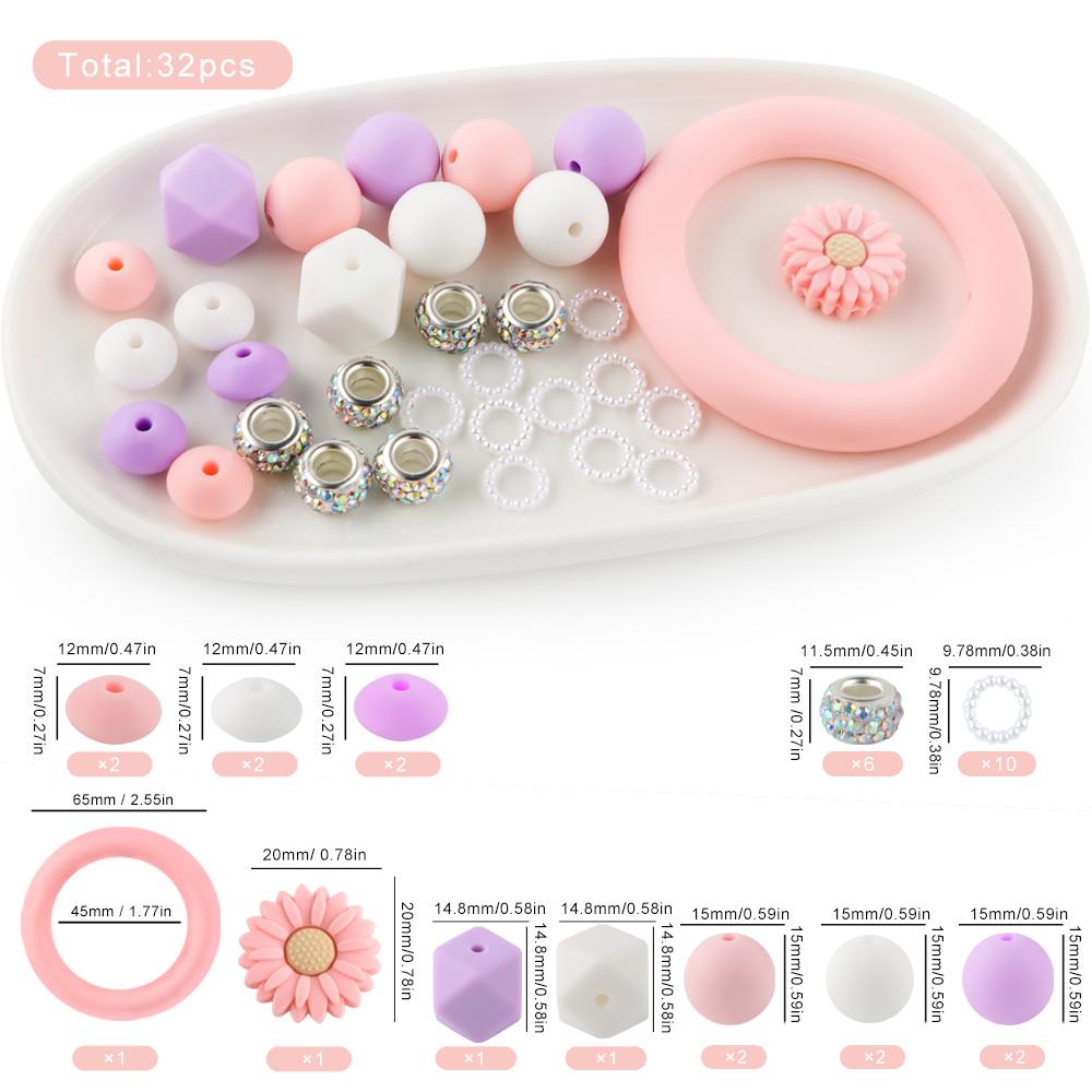 32Pcs/set Mixed Style Silicone Bead Kit Round Silicone Ring Focal Bead DIY KeyChain Bracelet Necklace Jewelry Accessories