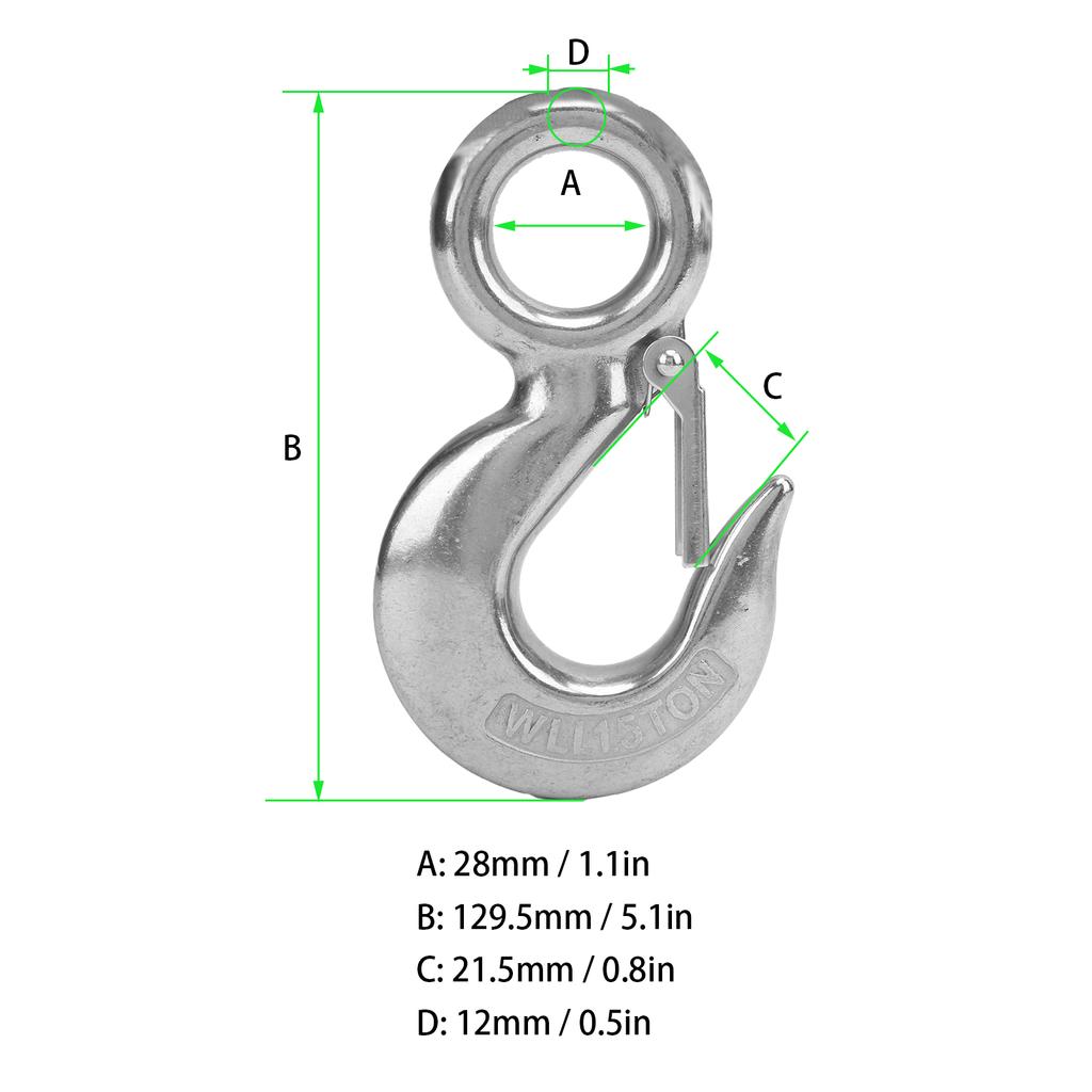 2pcs 1.5 Tons Eye Slip Hook with Safety Latch Stainless Steel Marine Lifting Eye Hoist Hook
