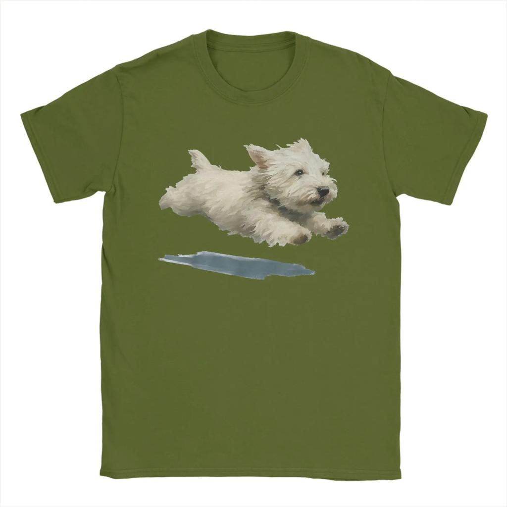 Unisex T-Shirt Lustiger Laufender Hund Kunstdruck Niedlicher Westie Hund Spaß Baumwolle T-Shirt Kurzarm T-Shirts Rundhals Kleidung Einzigartig