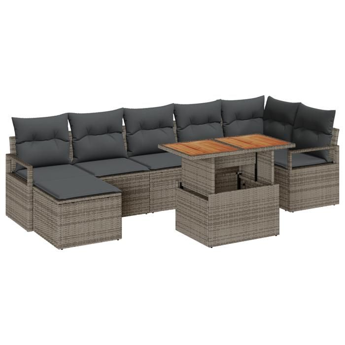 Ensemble de canapés de jardin 8 pièces avec coussins gris en rattan poly acacia, Canapé de jardin 2 places avec coussins 3349740