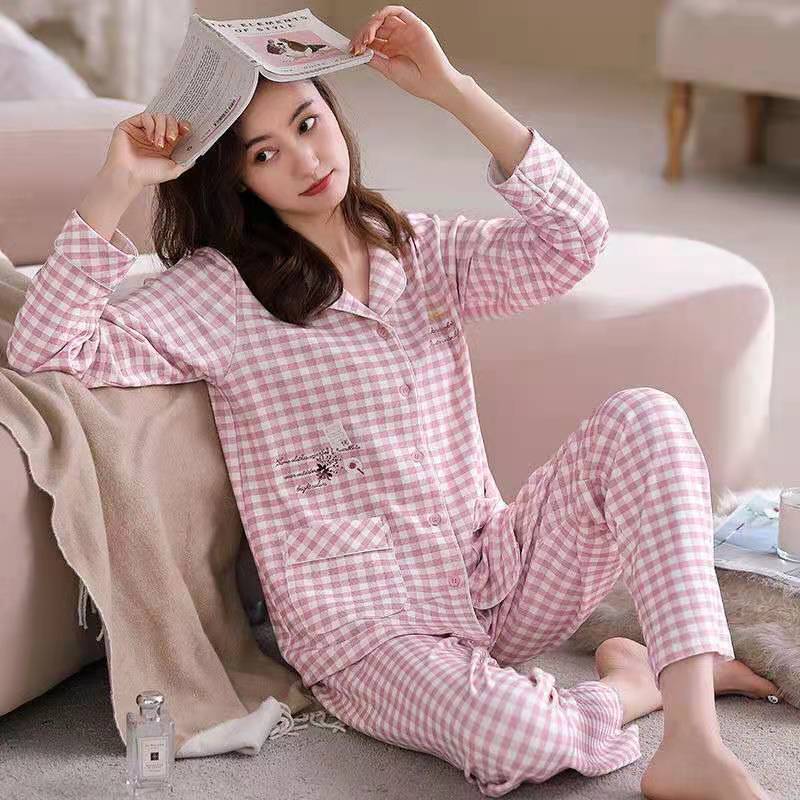 Spring and Autumn Pajamas Women's Pure Cotton Long-sleeved Women's Middle-aged Mother Cardigan Lapel Thin Loungewear Set