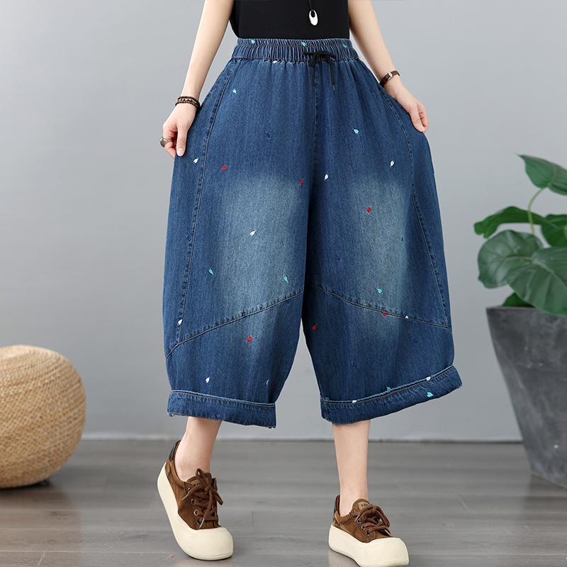 

Summer New Plus Size Women Jeans Elastic Waist Long Pants Embroidery Loose Casual Denim Cotton Trousers Pants One size синий