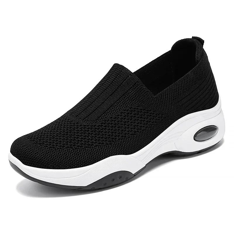 Damesko Casual Flate Pustende Strikkede Sneakers Vår Høst Sport Tennissko Dame Mote Slip-on Myk Såle Gåsko