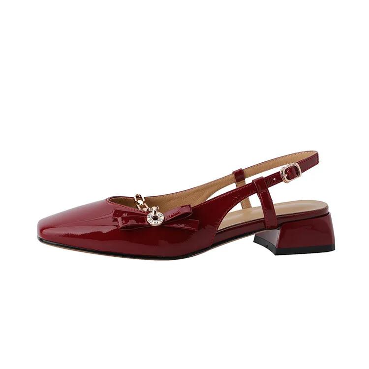 Fashion NEW Summer Women Sandals Square Toe Chunky Heel Shoes Patent Leather Shoes for Women Concise Cover Toe Slingback Handmade Shoes