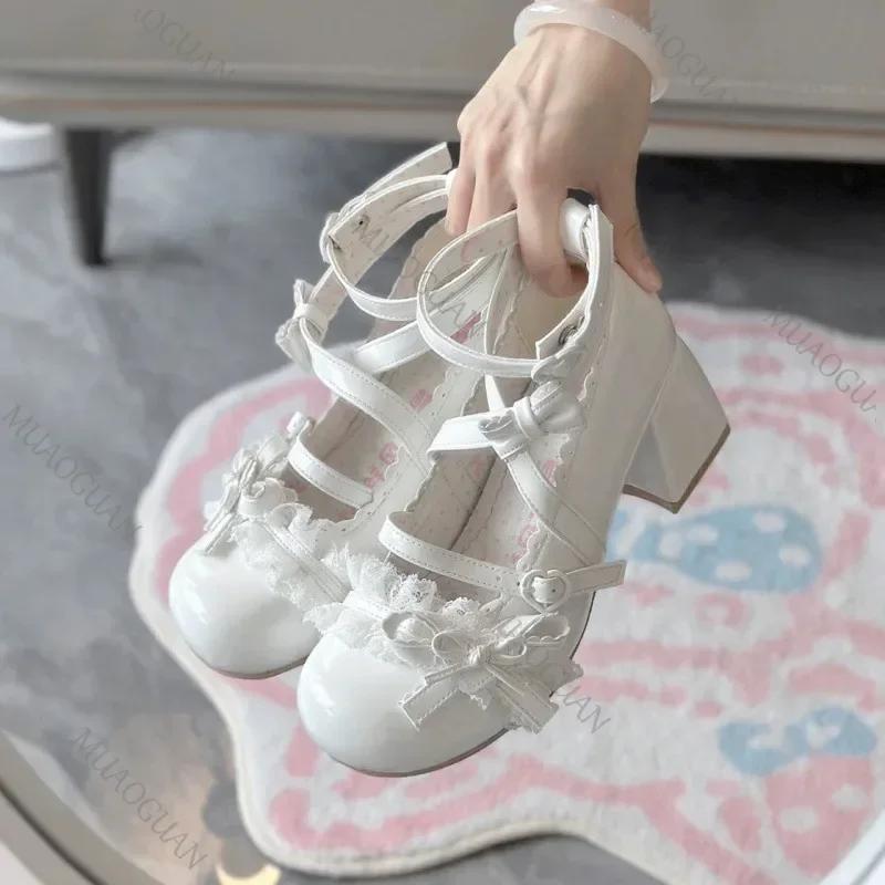 Fashion Lolita Red High Heels Cute Pumps Shoes Spring Autumn Lace Thick High Heels Single Shoes Patent Leather Mary Jane Women's Shoes
