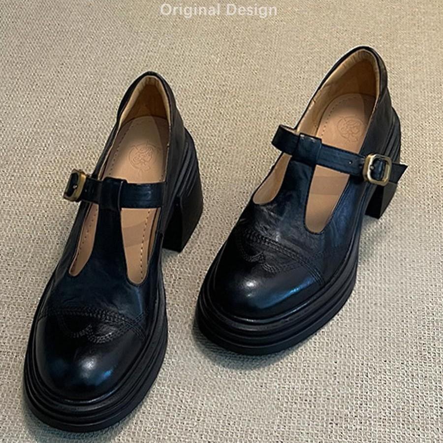 Kravská kůže~ Pravá kůže silná podrážka Mary Jane dámské boty černé vysoké podpatky silný podpatek retro francouzské jednopřezkové boty zvyšující malé kožené boty