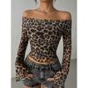 European and American New Sexy Leopard Print Print off-Neck Long Sleeves Shirt Sexy Leopard Print T-shirt