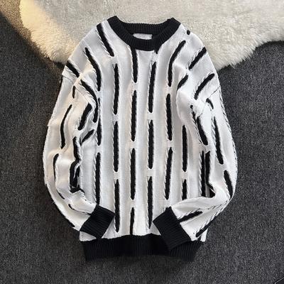 Erkek Sonbahar Kış Kazak Kontrast Renk Yuvarlak Yaka Örgü Bol Pullover Elastik