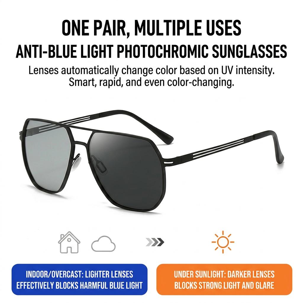 Polarized Uv400 Sunglasses Men Women Photochromic Anti Glare Metal Large Square Frame Sun Glasses For Driving Fishing Outdoor