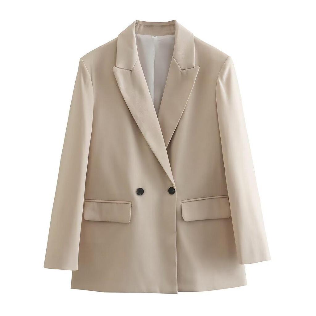 Women's Fashion Double Breasted Loose Fitting Blazer Coat Vintage Long Sleeve Pockets Female Outerwear Chic Veste