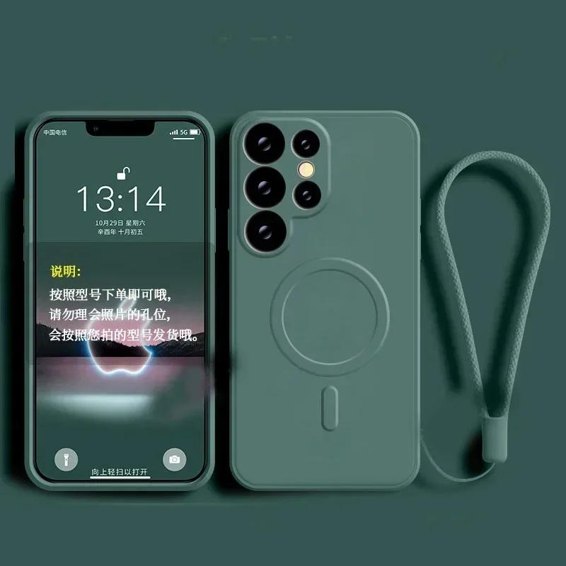 Wrist Strap Magsafe Liquid Silicone Case For Samsung Galaxy S25 Edge S24 Ultra S23 FE S22 S21 Magnetic Wireless Charging Cover