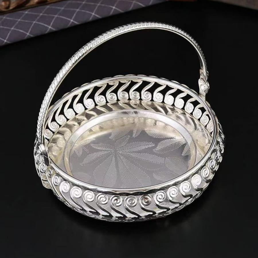 Fruit Tray, Alloy Round Plate Portable Silver Snack Disc,Living Room Desktop Decoration Cake Storage Supplies Wedding Decoration