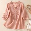 Mid-aged Female Women Top Women V-neck Shirt Elegant Floral Embroidered V-neck Blouse for Women Three Quarter Sleeve