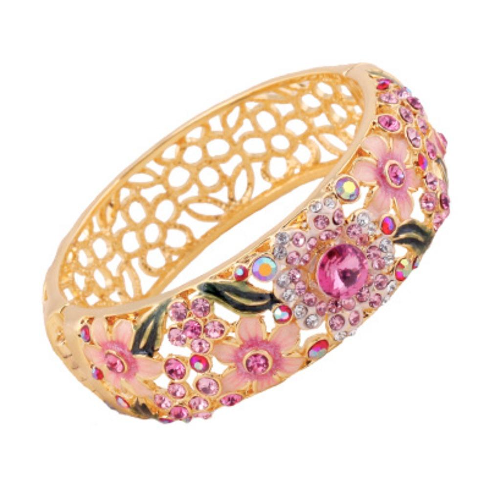 Enamel Chinese Cloisonne Bracelet Rhinestone Women's Hand Bracelet Hollow Out Flower Bangle  Gifts