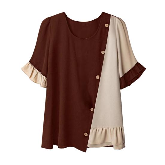 

Women Tops Crew Neck Short Sleeve Pullover Tops with Irregular Ruffle Hem Block Design Buttons Decor Loose Fit Versatile Blouse XL коричневий