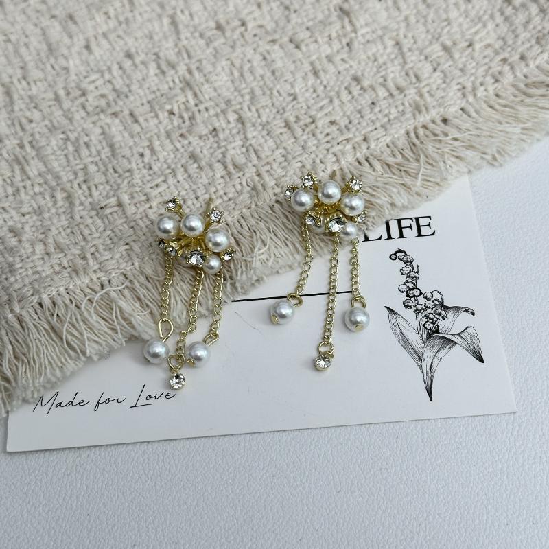 French Pearl Flower Sparkling Tassel Earrings For Women Jewelry Accessries