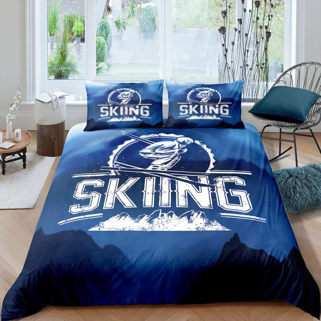 Winter Ski Sports King Queen Duvet Cover Snow Skiing Bedding Set Cartoon High Mountain Landscape 2/3 Pcs Blue White Quilt Cover