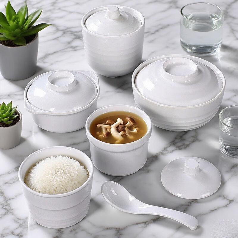 Pinmoya White Melamine Restaurant Stewing Pots & Soup Bowls
