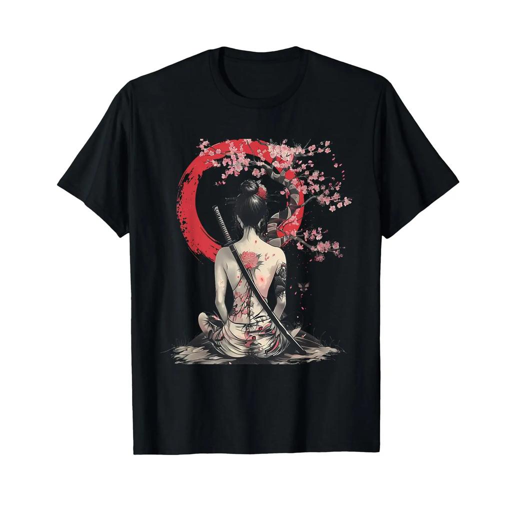 Japanese Samurai Girl Sakura Cherry Blossom Geisha T Shirt Vintage Stretched Stylish Casual Breathable Comfortable