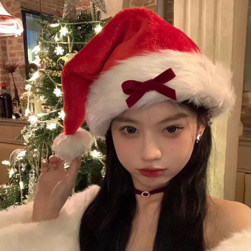 Girl Christmas Hat Decoration Bow Xmas Cap Women New Year Gift Winter Warm Plush Pullover Caps Christmas Decor