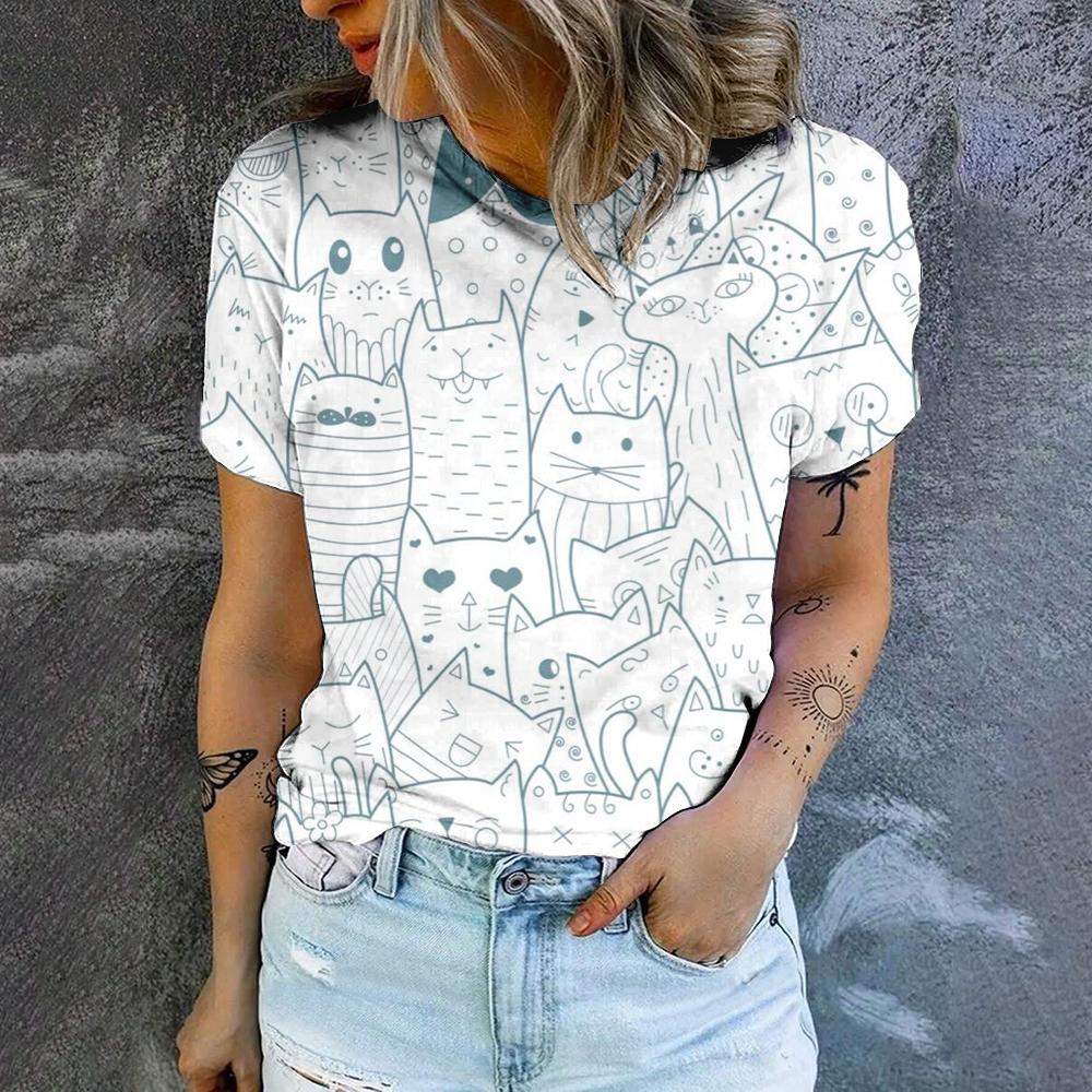 

New Cartoon Cat Print Crewneck T-shirt Fashion Trend Loose Comfortable High Quality T-shirt 2024 Summer Casual Women s T-shirt XS