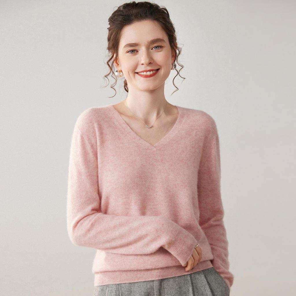 Women's V-Neck Cashmere Knit Sweater - Loose Fit, Long-Sleeve Pullover