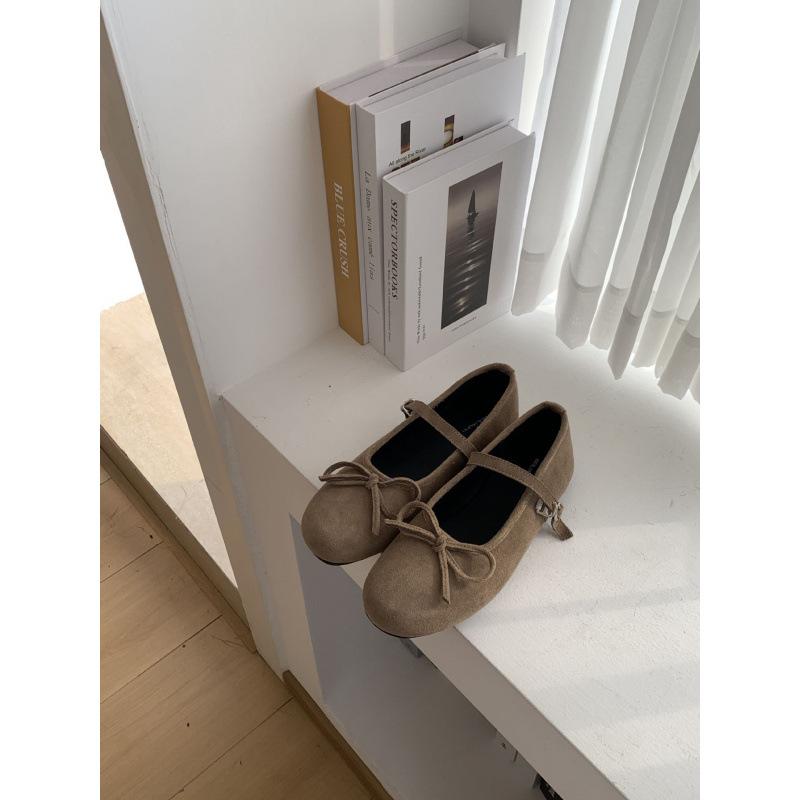 Bow Suede Single Shoes Women's 2025 New Round Head Flat Bottom with Skirt Retro Mary Jane Shoes Ladyshoes