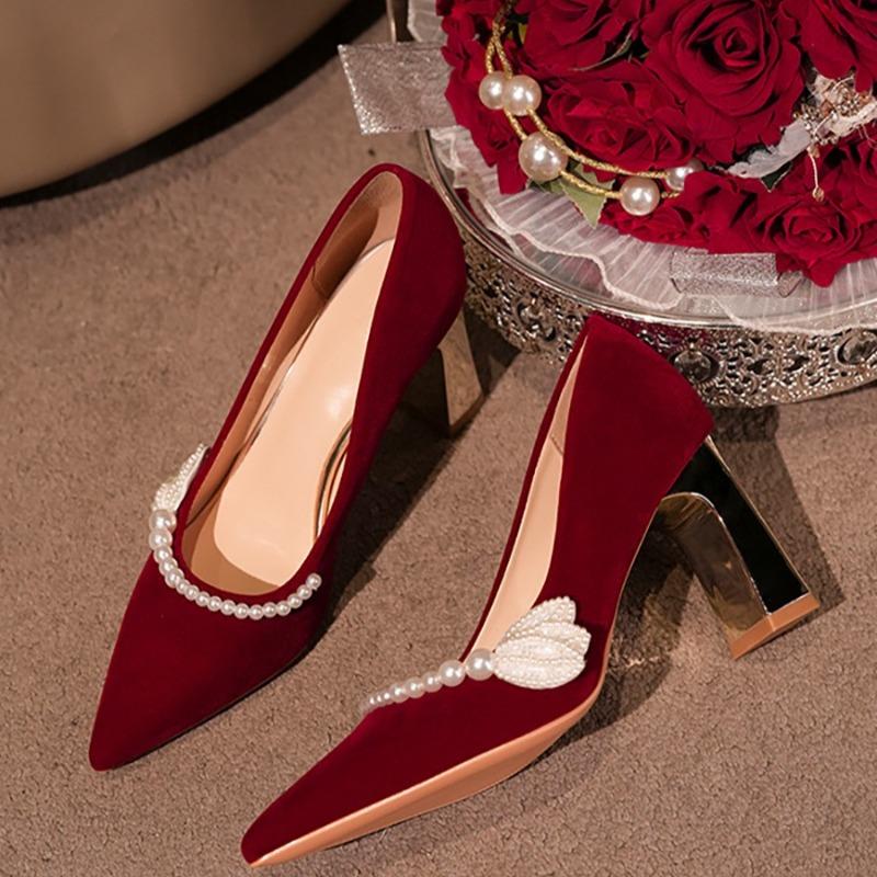 Niche Retro Wedding Shoes Women's Suede Beautiful New Pointed Suede Thick Heel Non-tiring High Heels
