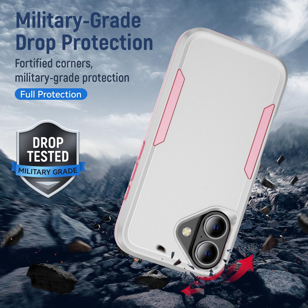 For iPhone 16 Case PC+TPU Military Grade Drop Protective Phone Cover - White+Pink