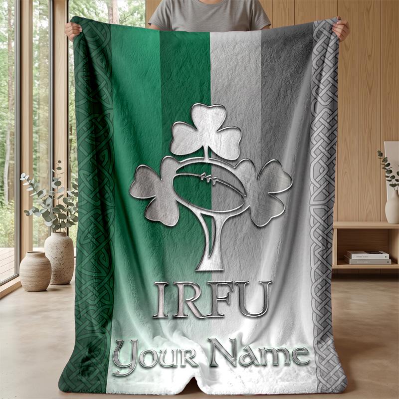 Ireland Rugby Custom Flannel Throw Blanket Print Your Name Text Soft Warm Blanket Holiday Present