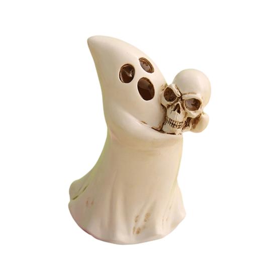 Halloweenská figurka duch Bílý duch držící dýni Kočka Strašidelná pryskyřičná ozdoba Rytá Halloweenská dekorace