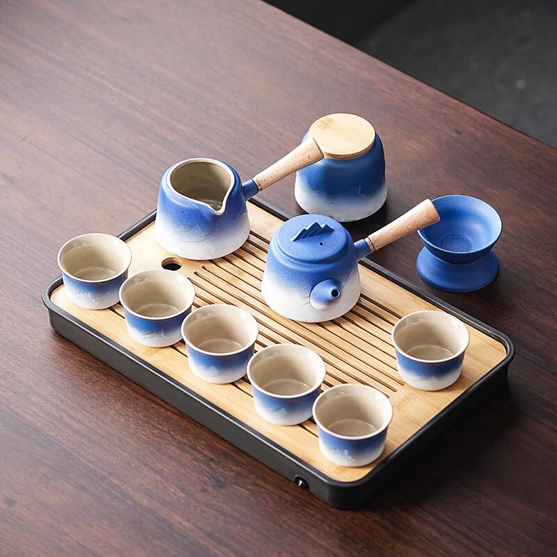 Red-Orange Mountain & Sea Ceramic Tea Set with Tray