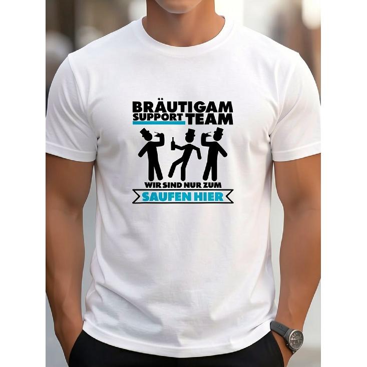 Graphic T-Shirt For Men'S Bachelor Party With Support Team Theme - Features Humorous German Text And Dancing Figures, Black Casual Tee With Short