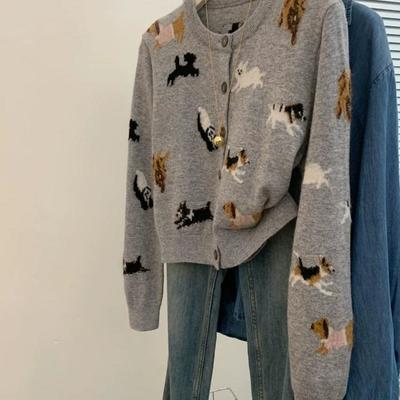 Cute Animal Knitted Cardigan for Lady Korean Autumn Single Breasted O-Neck Gray Color Ladies Sweater Short Versatile Top
