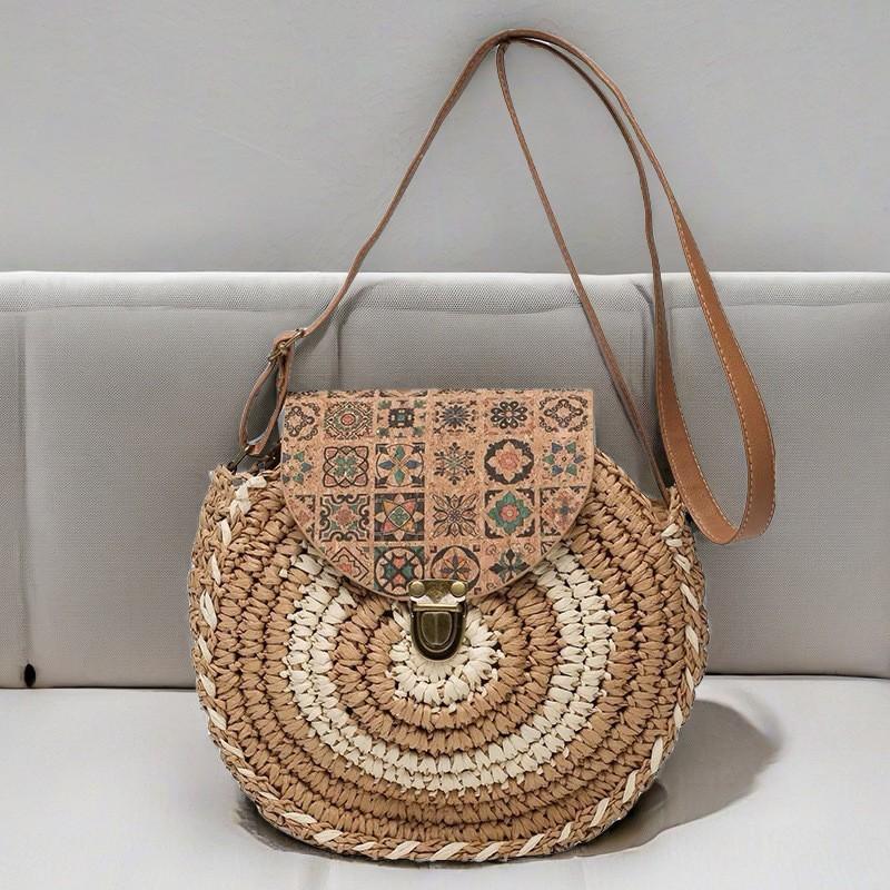 

Круглая соломенная плетеная сумка через плечо в национальном стиле, универсальная, маленькая, женская, портативная хаки