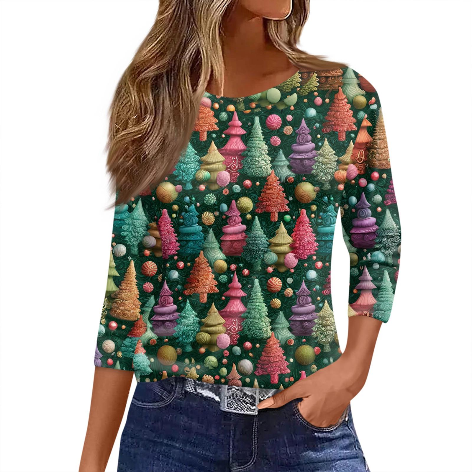 

Женская футболка с рождественским принтом, рукав 3/4, повседневная, модная, на выходные, базовая, с круглым вырезом, стандартный топ L
