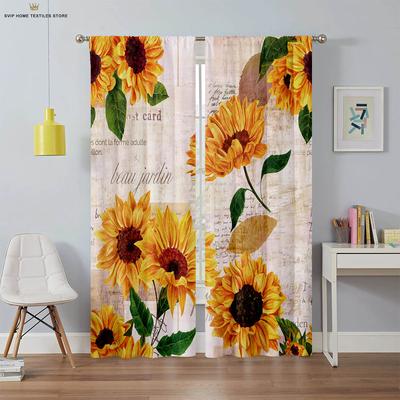 Floral and Sunflower Printed Curtains, Black Silk, Blackout Curtains, Suitable for Bedroom, Living Room, Study, 2 Pieces